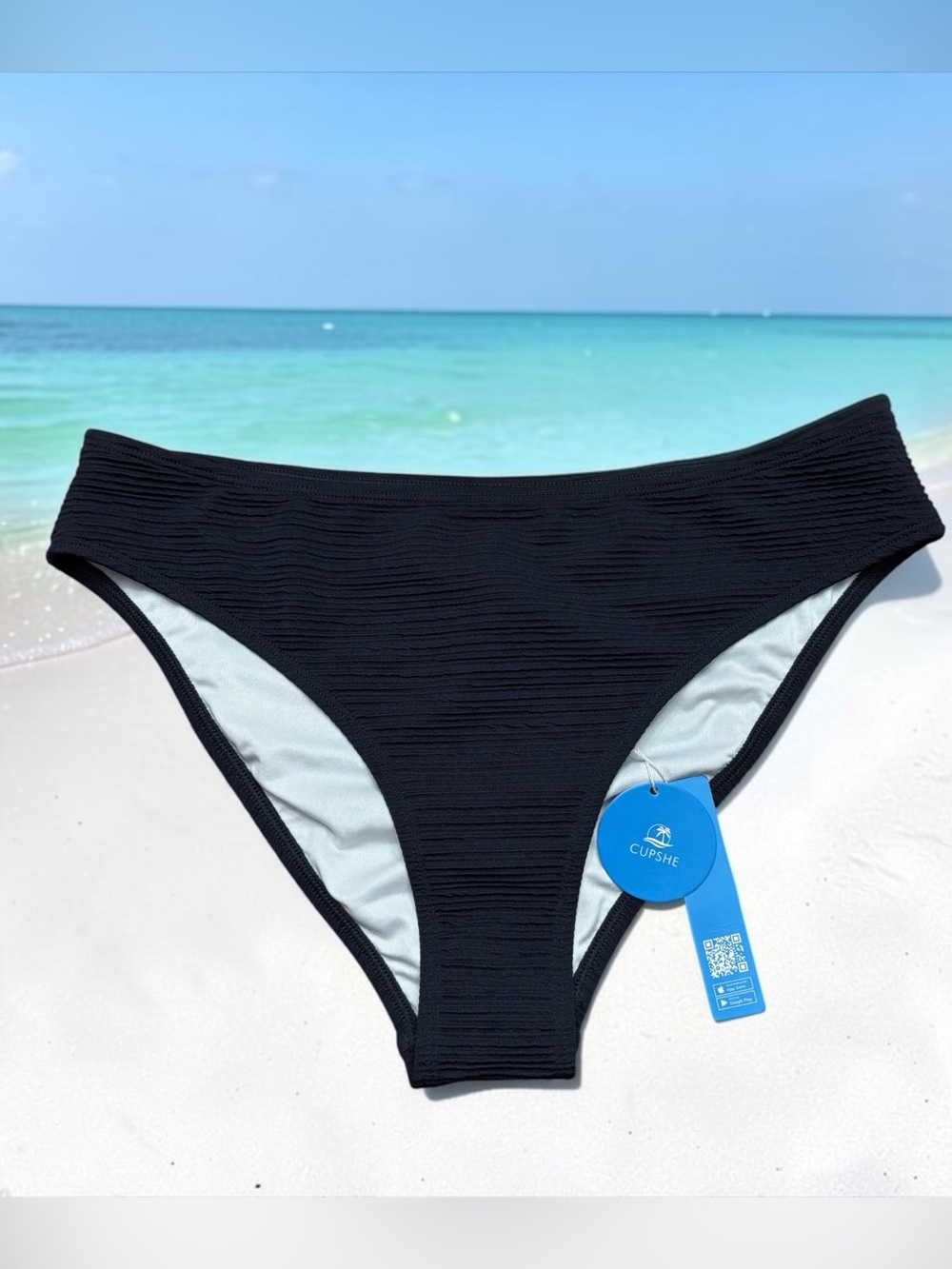 CUPSHE, Black Textured Bikini Bottom, Size Large, High Leg Swimwear 🌴